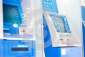 ATM machines with global network banking icon, automatic money.