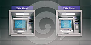 ATM machines on metal tiles background. 3d illustration