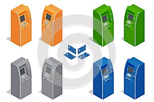 ATM machines. Payment using credit card. Banking finance money. Isometric vector illustration for infographics.