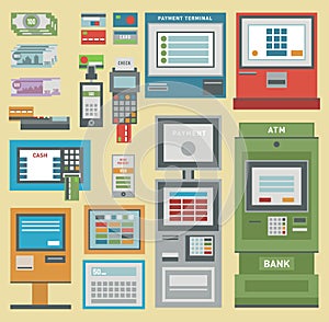 ATM money pos-terminal hand credit card icons. Payment transfer atm mobile service automatic terminal. Money credit