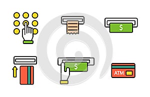 ATM pos-terminal with hand credit card icons payment transfer mobile service and automatic terminal money currency cash