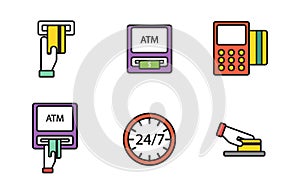 ATM pos-terminal with hand credit card icons payment transfer mobile service and automatic terminal money currency cash