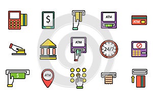 ATM pos-terminal with hand credit card icons payment transfer mobile service and automatic terminal money currency cash