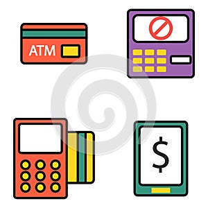 ATM pos-terminal with hand credit card icons payment transfer mobile service and automatic terminal money currency cash