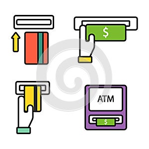 ATM pos-terminal with hand credit card icons payment transfer mobile service and automatic terminal money currency cash