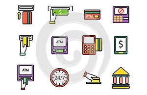 ATM pos-terminal with hand credit card icons payment transfer mobile service and automatic terminal money currency cash