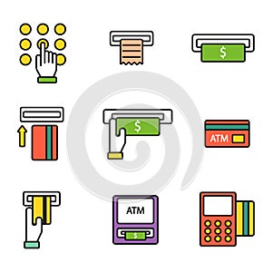 ATM pos-terminal with hand credit card icons payment transfer mobile service and automatic terminal money currency cash