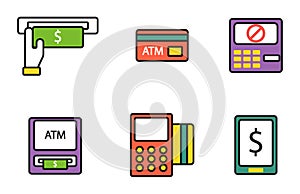 ATM pos-terminal with hand credit card icons payment transfer mobile service and automatic terminal money currency cash