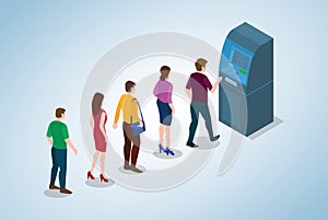 Atm queue concept with people men and woman queueing witdraw cash money with modern flat style and isometric 3d - vector