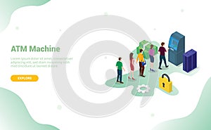 Atm queue concept with people men and woman queueing witdraw cash money for website template or landing homepage with modern flat