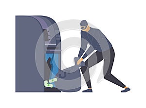 ATM robbery, larceny flat vector illustration. Dangerous burglar with money bag, criminal in disguise cartoon character