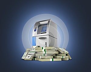 ATM surrounded by 100 dollar bankrolls Bank Cash Machine in pile of money american dollar bills isolated on dark blue gradient