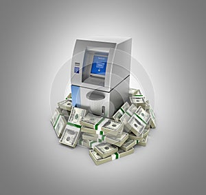 ATM surrounded by 100 dollar bankrolls Bank Cash Machine in pile of money american dollar bills isolated on grey background 3d