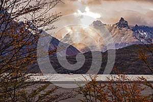 Atmosphere at Grey Glacier with view to Torres del Paine massif, Chile, Patagonia