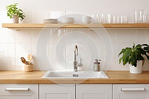 The atmosphere of a modern kitchen is reflected in the layout that combines a luxurious sink with shelves displaying well-