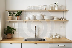 The atmosphere of a modern kitchen is reflected in the layout that combines a luxurious sink with shelves displaying well-