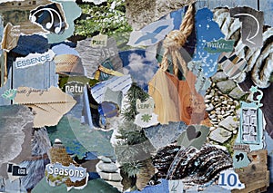 Atmosphere mood board collage sheet in color blue, grey and brown made of teared magazine paper with figures, letters, colors and