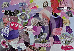 Atmosphere mood board collage sheet in purple,pink and indigo color made of teared magazine paper with figures, letters, colors