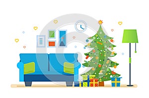 Atmosphere of the new year, furniture for relaxing. Merry Christmas.