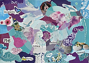 Atmosphere serenity mood board collage sheet color aqua, blue, purple and pink