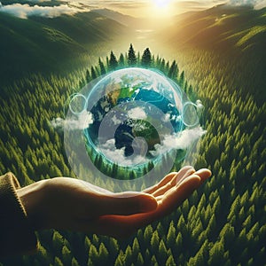 Atmospheric aerial view of the green forest with the earth Demonstrate the concept photo