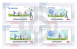 Atmospheric Air Composition Landing Page Template Set. Tiny Male Female Characters at Huge Pie Chart with Gases