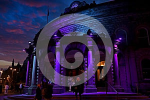 Atmospheric Blue and Purple Floodlights Illuminate the Corn Exchange in Leeds.