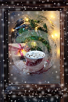 Atmospheric Christmas window sill decoration with lights