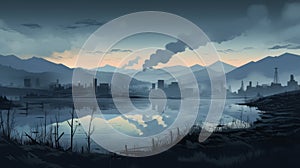 Atmospheric Cityscape Illustration With Mountains: Moody And Industrialized