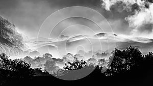 Atmospheric ethereal English countryside morning mist rural landscape