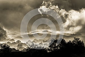 Atmospheric ethereal English countryside morning mist rural landscape