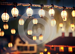 Atmospheric, festive lighting with hanging illuminated light bulbs in the night