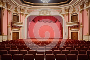 An atmospheric image capturing the timeless grace of an empty theater adorned with red seats and a majestic chandelier, Konferenz