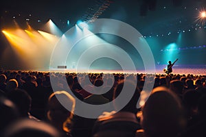 An atmospheric image of a music concert audience, featuring silhouettes of fans and misty stage lights in the background,