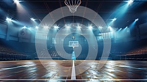 Atmospheric indoor basketball court with a central focus on the hoop, bathed in blue light. Concept of sports arena