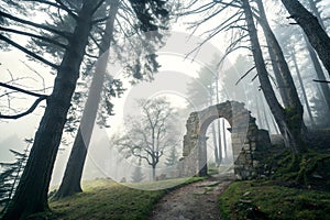 Deep woods pathway with archway photo