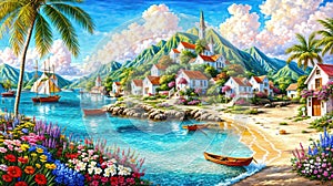 Atmospheric landscape of a small town by the caribbean sea, oil painting illustration
