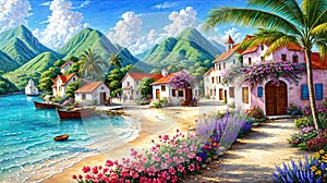 Atmospheric landscape of a small town by the caribbean sea, oil painting illustration photo