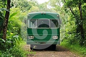 atmospheric old green bus stands on the road after the forest, copy space white mockup template