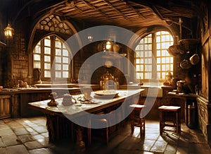 atmospheric painting of an old tudor period hall kitchen with jars on shelves and pans hung on walls and a wooden table with food