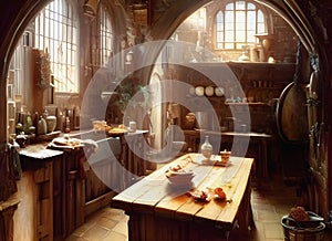 atmospheric painting of an old tudor period hall kitchen with plates and jars stacked on shelves and a wooden table in morning