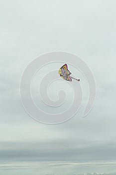 atmospheric photo of a kite fluttering in the air on a beach