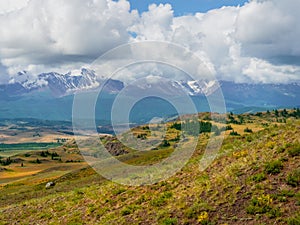 Atmospheric summer mountain landscape. Dramatic landscape with the big mountains in a light fog under white clouds. Altai