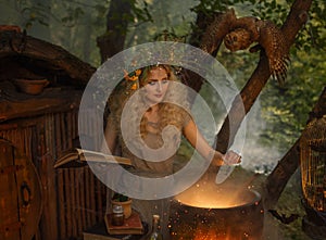 Atmospheric warm autumn art processing photo, young forest fairy in an old gray linen dress and has a wreath on her head