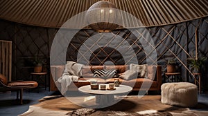 Atmospheric Yurt Living Room With Leather Couch And Candle