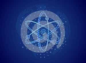 Atom 3d low poly symbol with blue world map background. Atomic neutron concept design illustration. Molecule polygonal