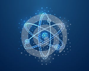 Atom 3d symbol in blue low poly style. Atomic neutron, nuclear design concept vector illustration. Model of molecule