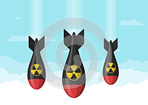 Atom bombs falling on the sky, Nuclear war. Atomic rocket air bomb. Bombshell, Mmissile army. Nuke radiation vector