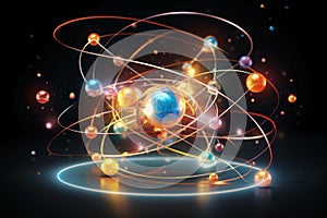 Atom with colorful spheres representing electrons orbiting its nucleus