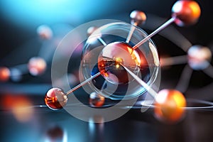 Atom with glowing electrons orbiting the nucleus. Atomic structure and scientific concepts